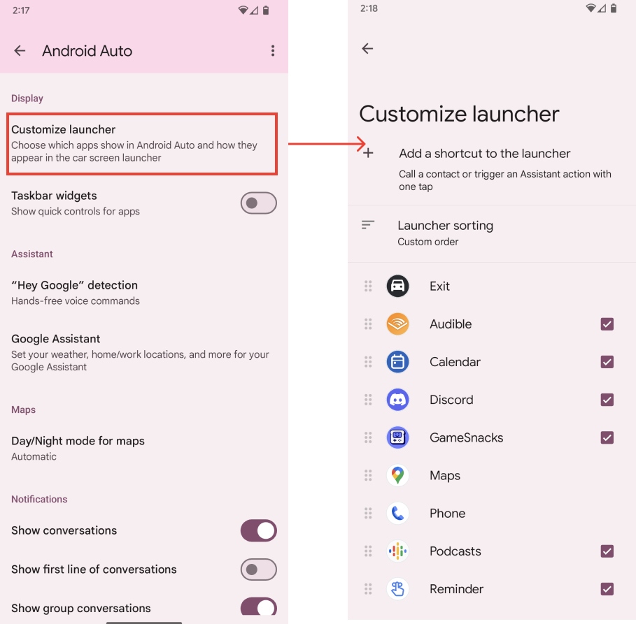 The Settings page and the Customize launcher page on a phone, side by side