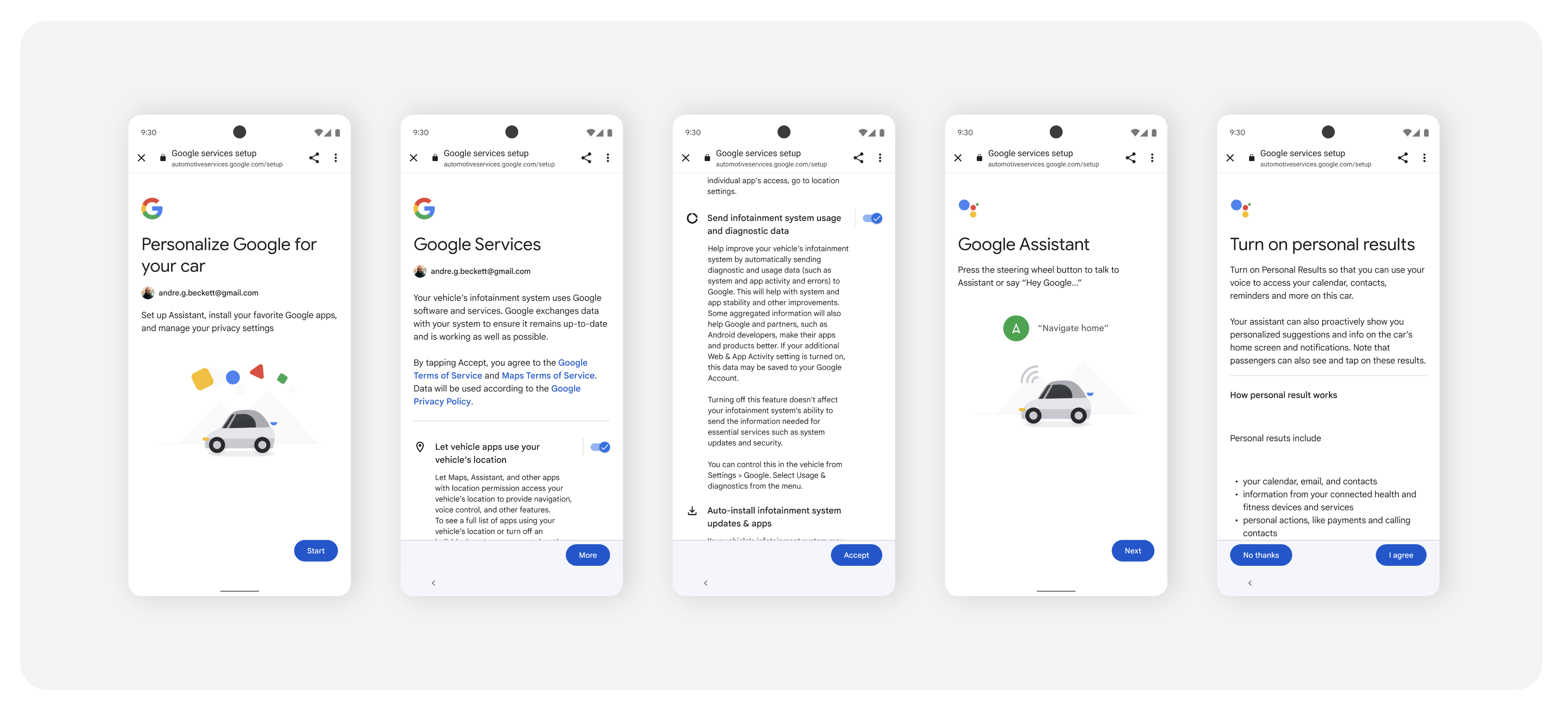 Google services setup, including Gemini and personal results