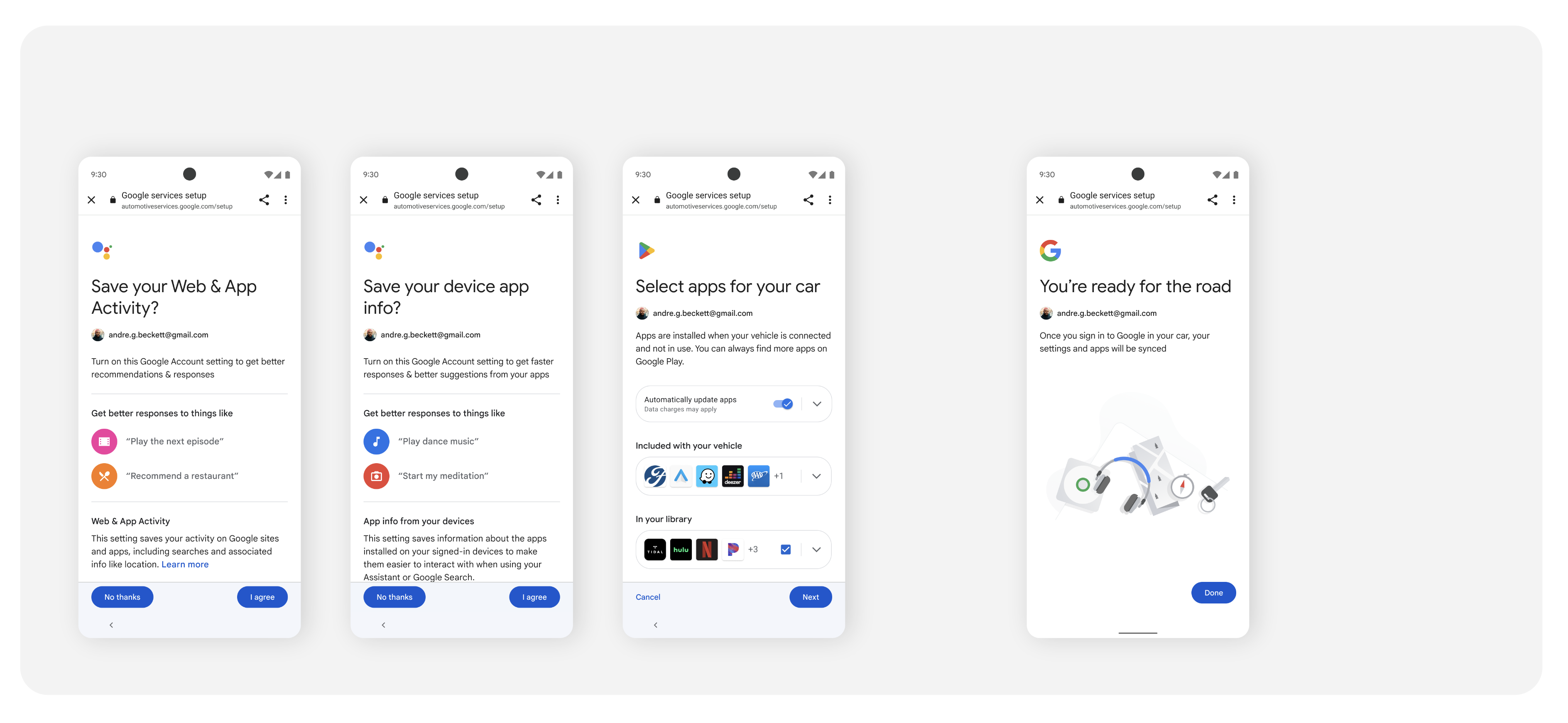 Google hizmetlerinin kurulumu, Web ve Uygulama Etkinliği, cihaz uygulama bilgileri ve uygulamalar dahil.
