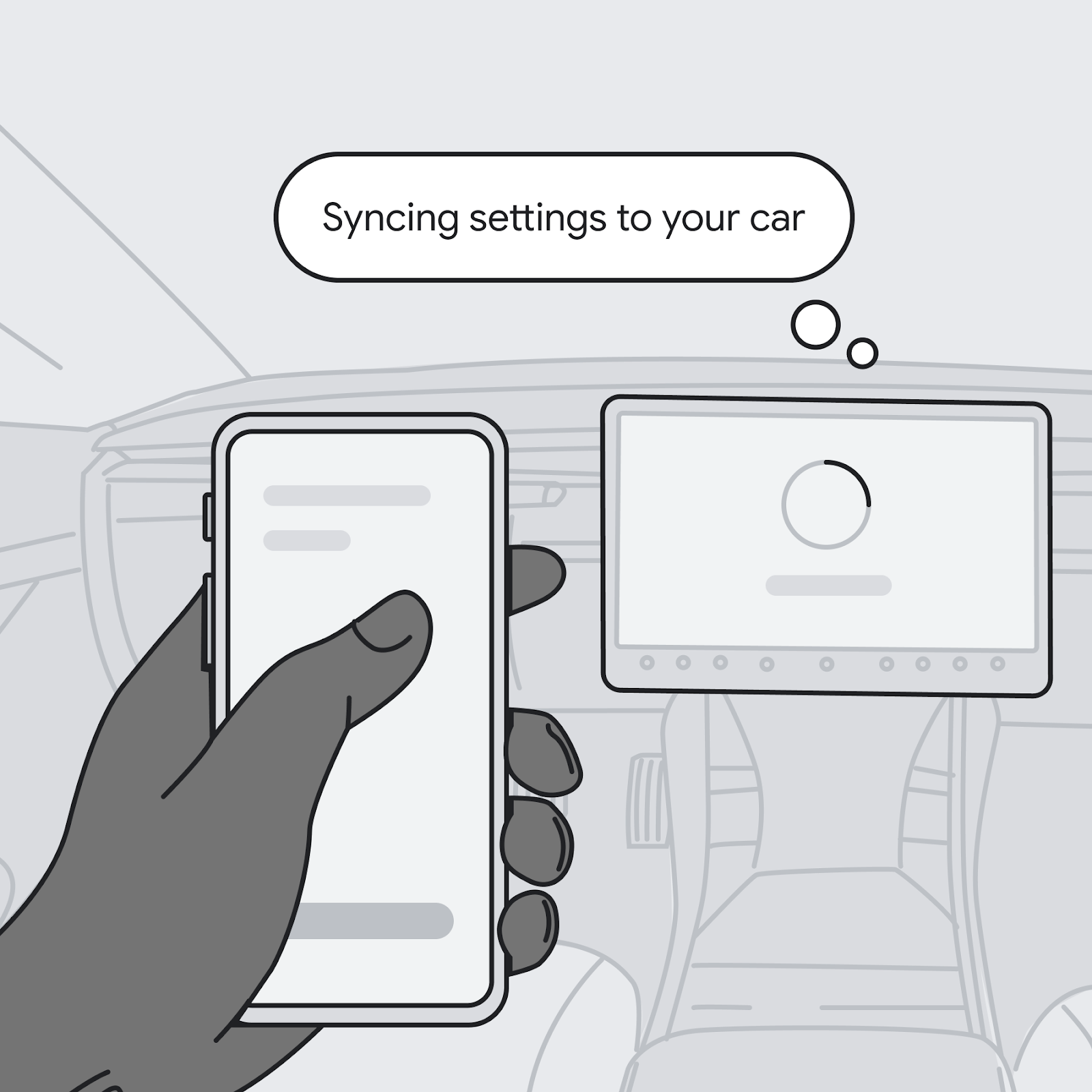 Mão segurando o celular ao lado da central multimídia do veículo.