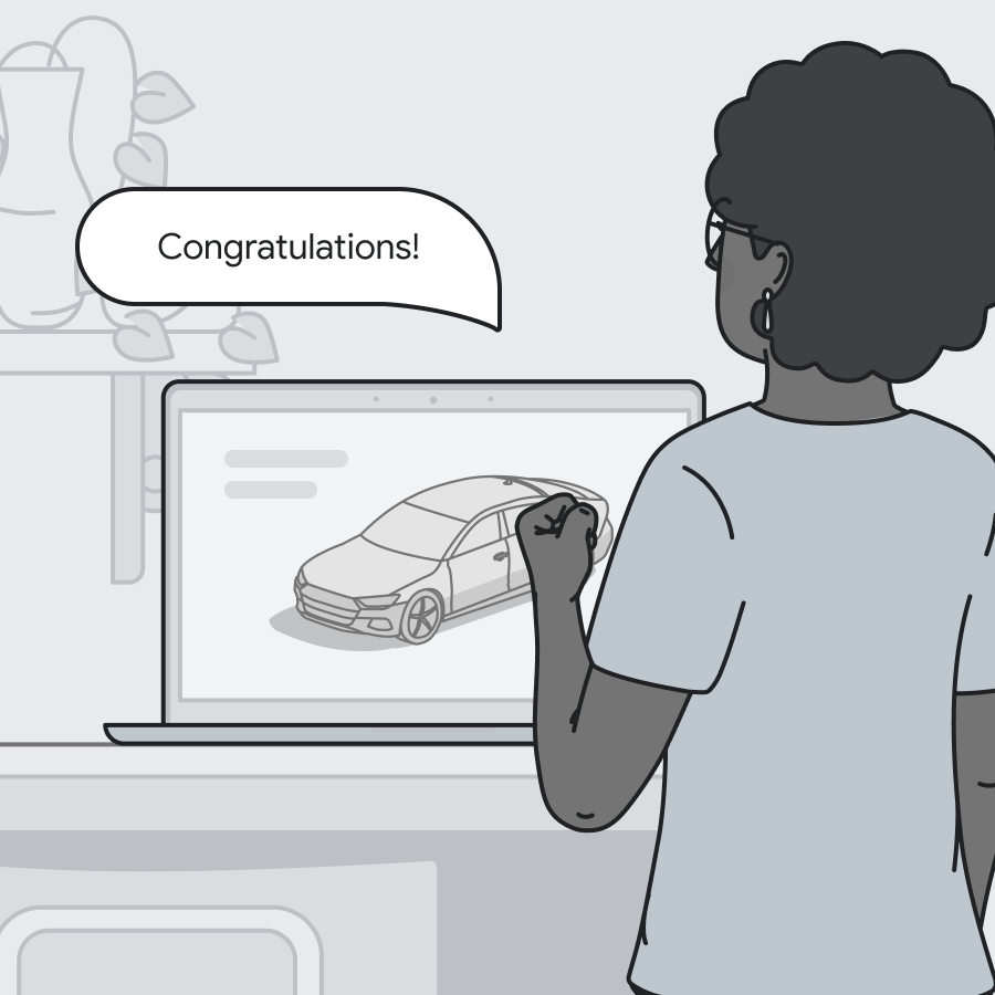 Woman facing computer screen with car on it