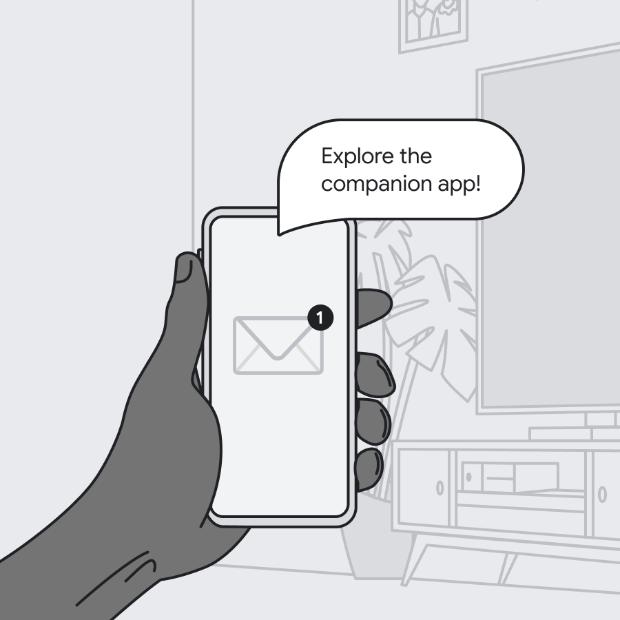Hand holding phone with invitation to explore companion app