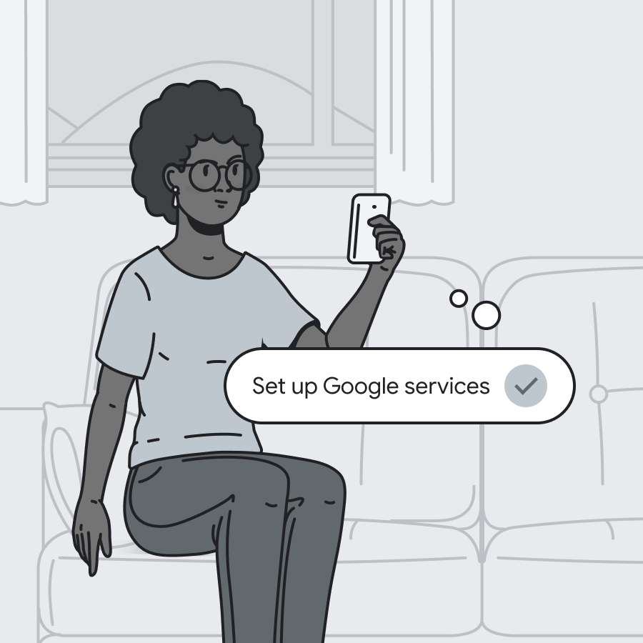 Woman holding phone with suggestion to set up Google services
