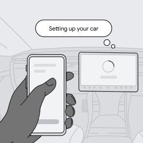 Hand holding phone next to in-vehicle infotainment head unit