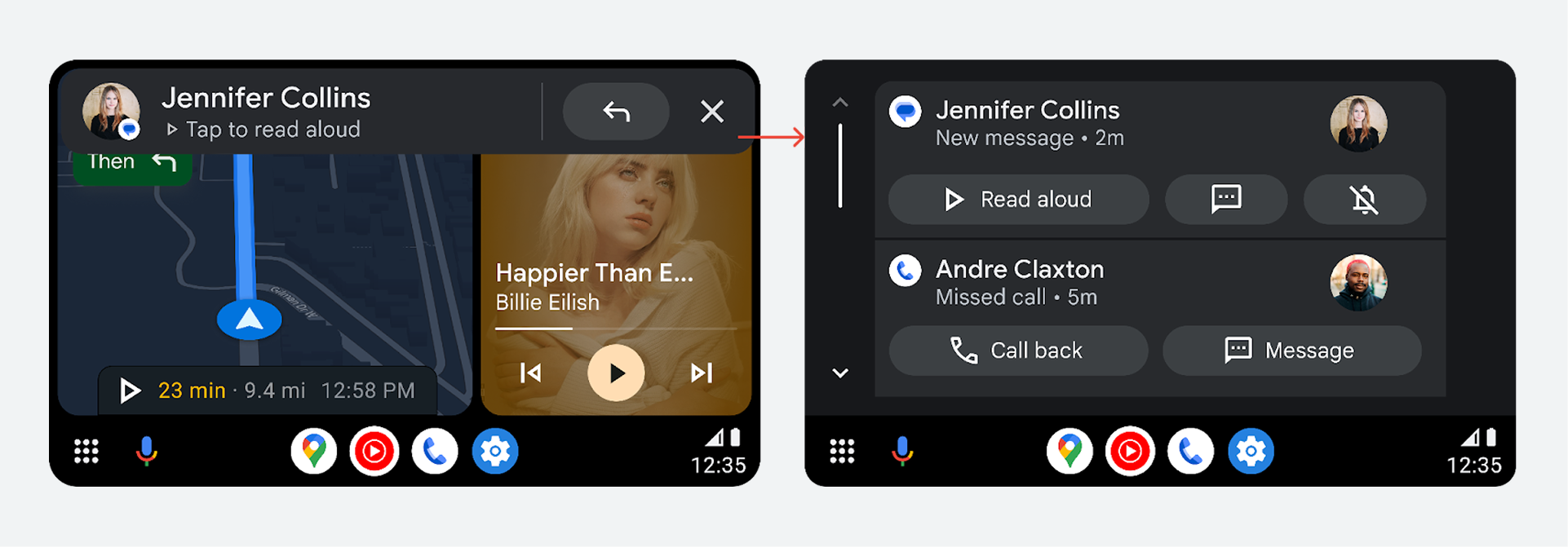 Immagine affiancata di una notifica di messaggio in arrivo come HUN e poi visualizzata nel Centro notifiche