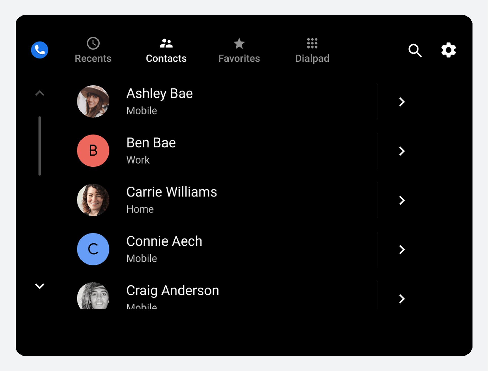 Side-by-side view of contact list and Favorites grid