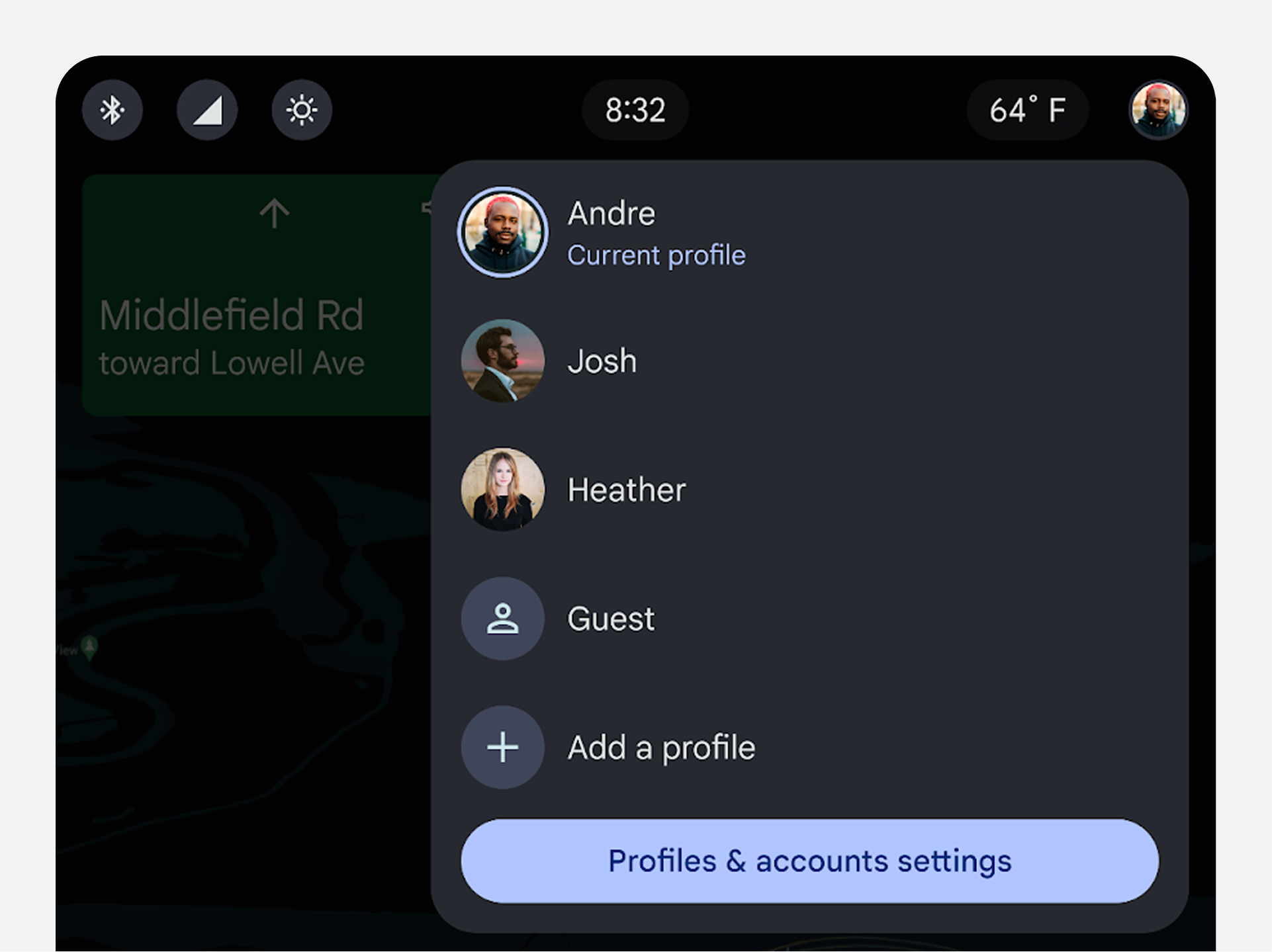 Seletor de perfil com menu de perfil